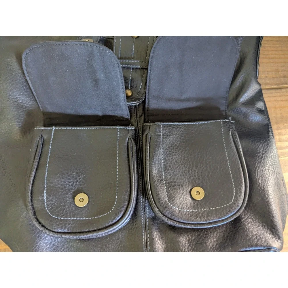 Vintage Black Faux Leather Shoulder Bag Purse with Buckled Pockets‎ Trendy